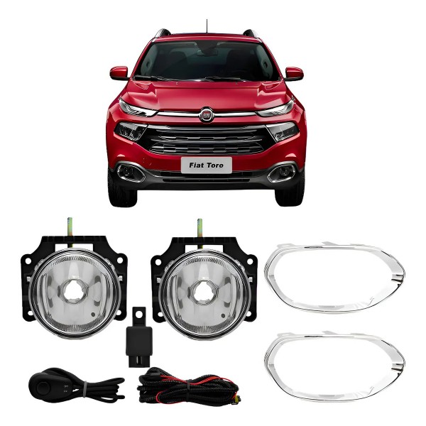 Kit Farol Milha Fiat Toro 2016 2017 2018 19 Moldura Cromada Cristal