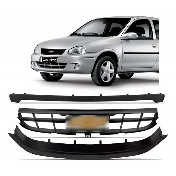 Kit 3 Peças Grade Radiador Corsa 2008 2009 2010 Com Emblema Preto