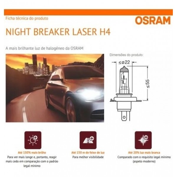 Par Lampada Osram Night Breaker Laser H4 150% +luz 2pc